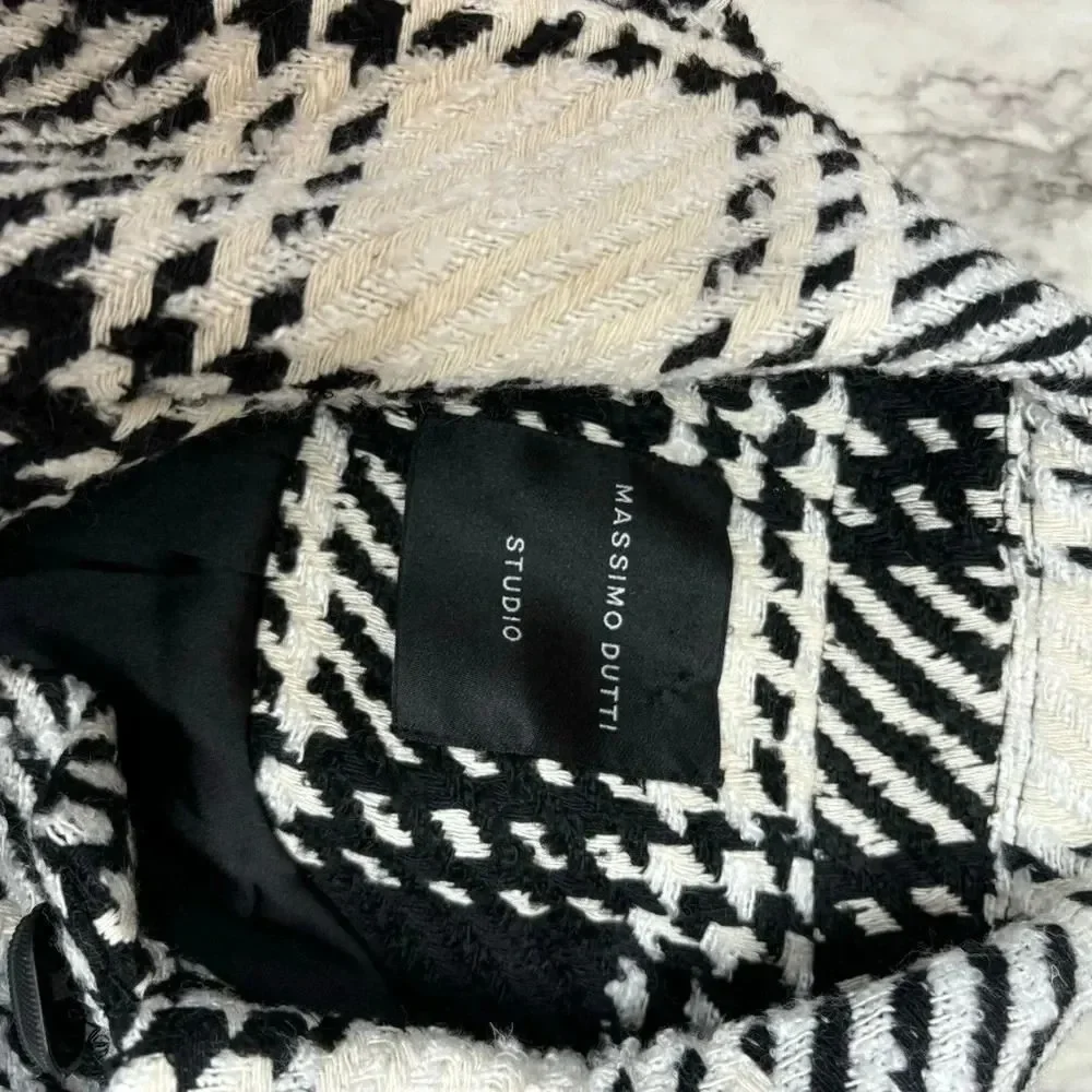 Massimo Dutti Black White textured Studio Jacket Plaid Coat size Small NWT